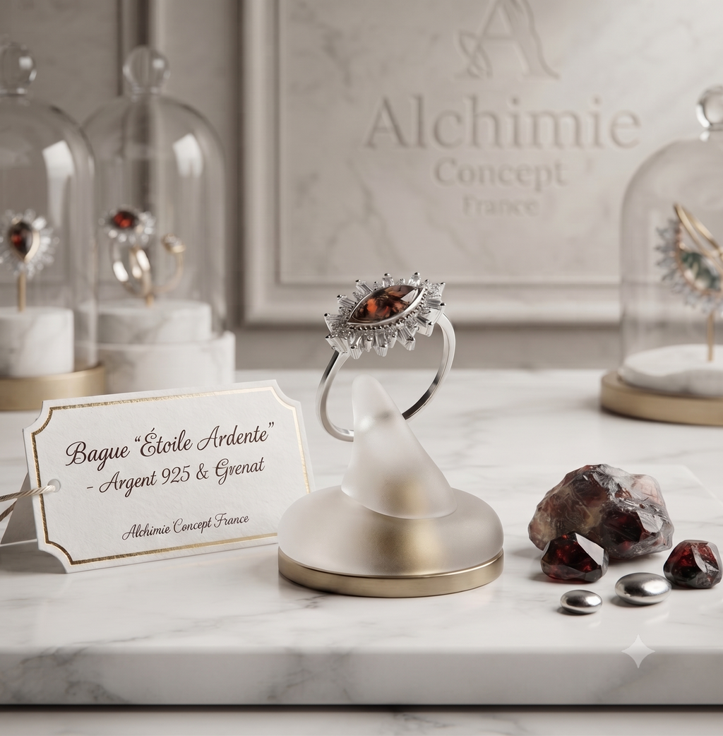 ✨ Bague Argent 925 Poinçon | Œil Solaire & Grenat Naturel | Bijou Passion Vitalité & Protection