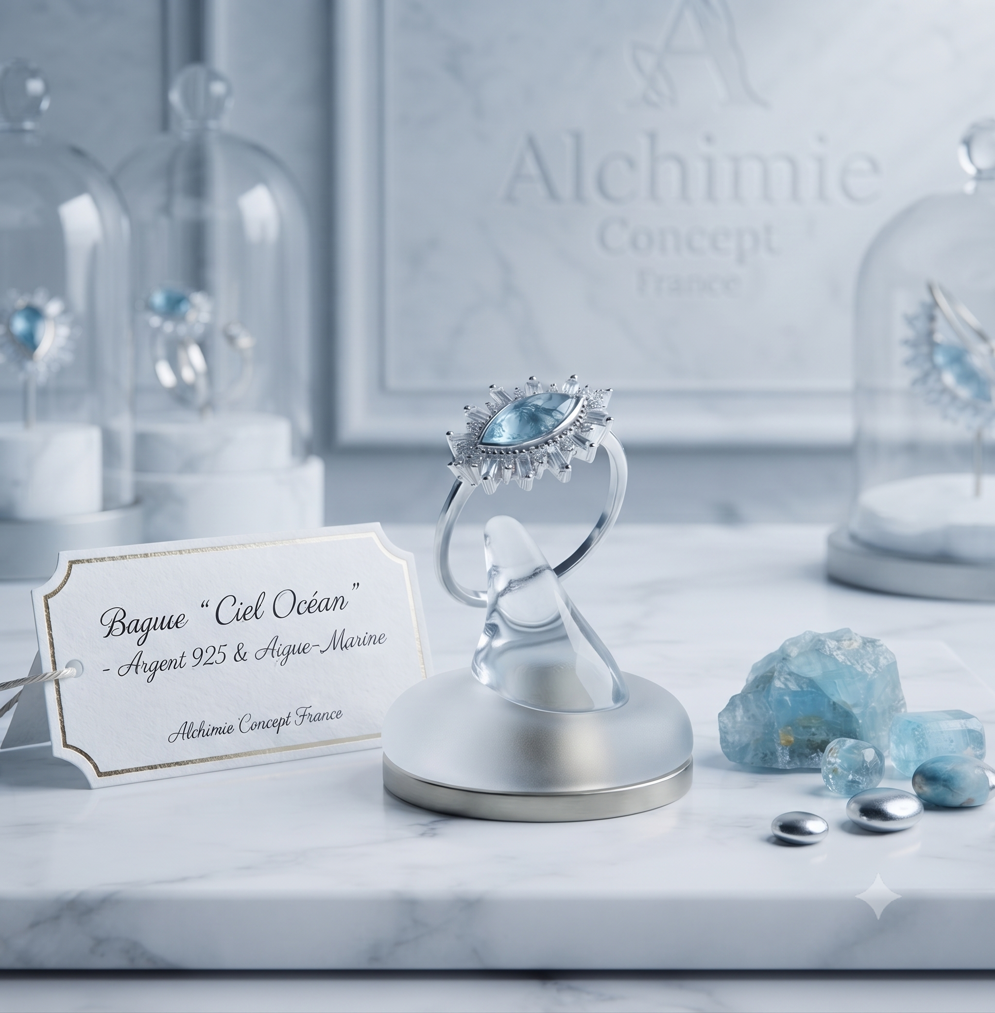 ✨ Bague Argent 925 Œil Solaire | Aigue Marine Naturelle | Taille Réglable | Poinçon Certifié