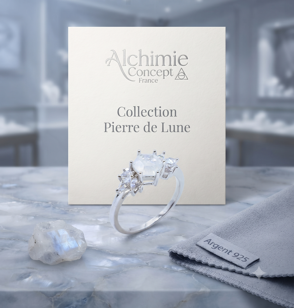 ✨ Bague Argent 925 Poinçon | 'Flocon d'Argent' – Pierre de Lune Naturelle, Magie Lunaire – Réglable