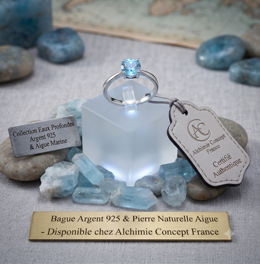 ✨ Bague Argent 925 Poinçon | 'Rond Sublime' – Aigue Marine Naturelle – Taille Réglable