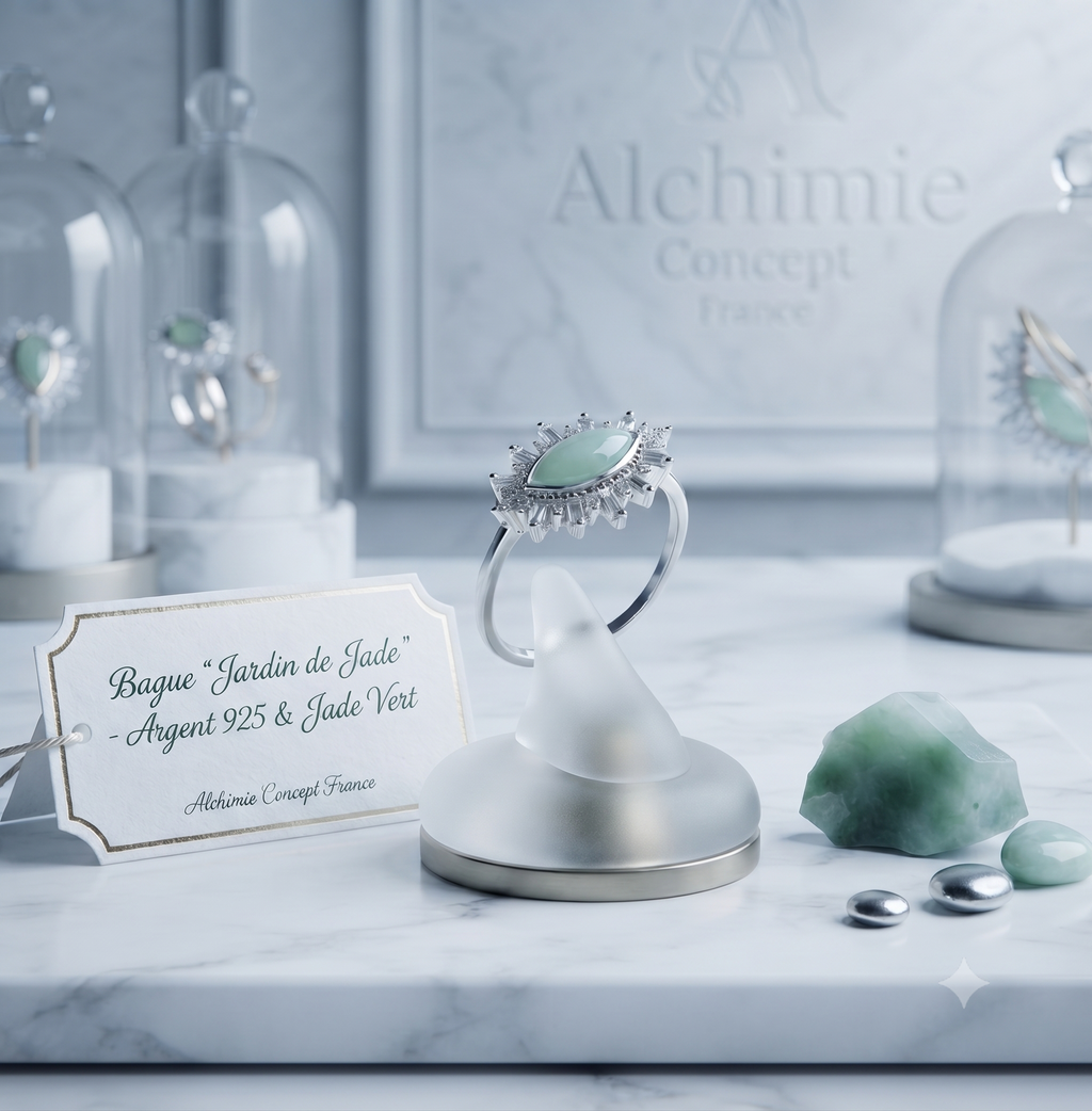 ✨ Bague Argent 925 Poinçon | Œil Solaire & Jade Vert Naturel | Bijou Zen Chance & Harmonie