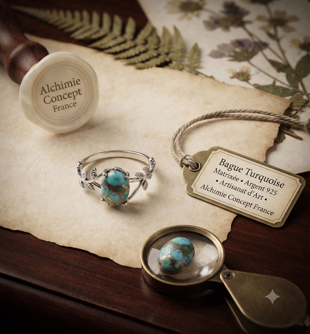✨ Bague Laurier & Turquoise – Argent 925 Poinçon | Pierre Sacrée de Communication