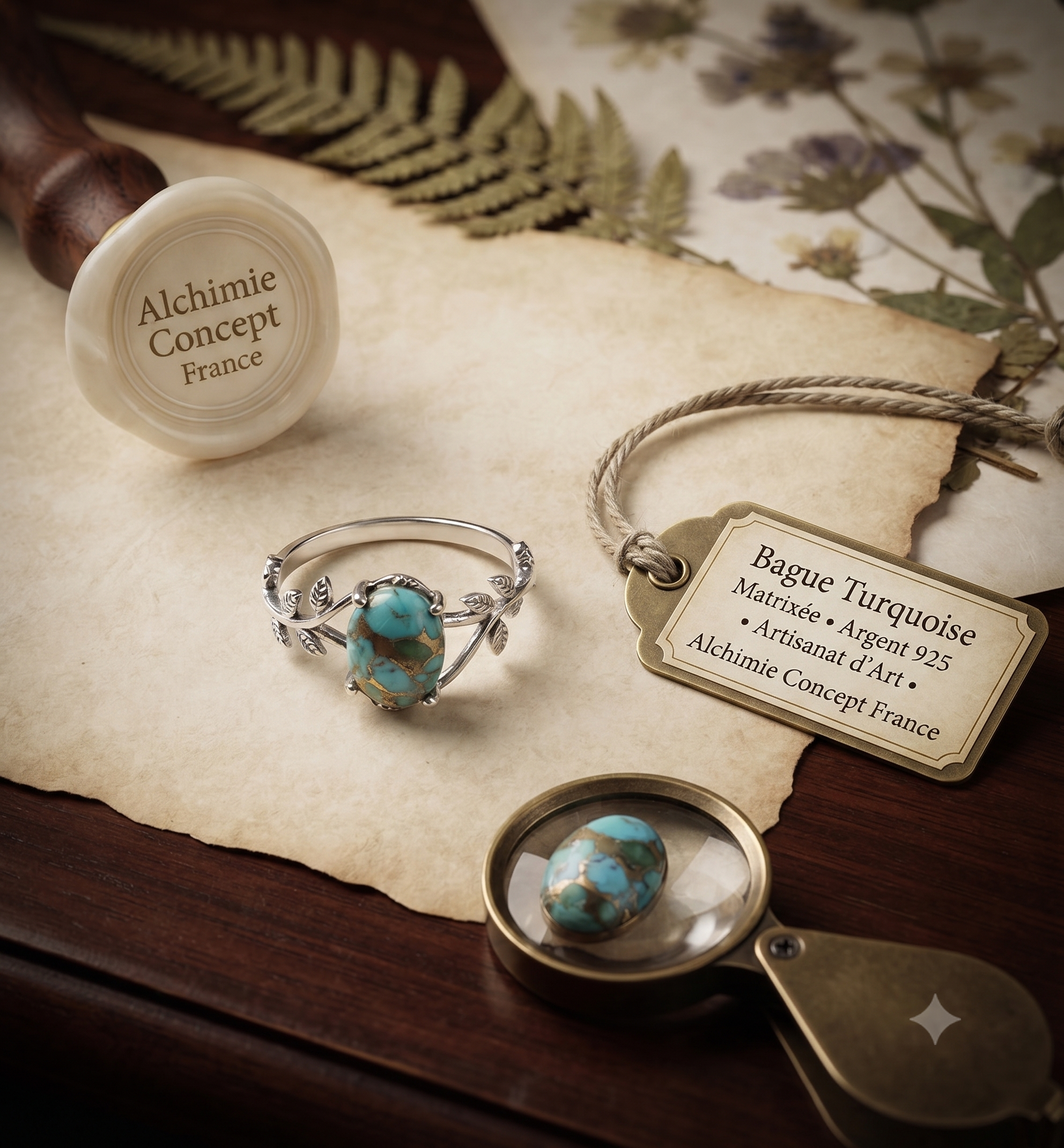 ✨ Bague Laurier & Turquoise – Argent 925 Poinçon | Pierre Sacrée de Communication