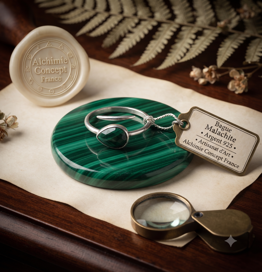 ✨ Bague Argent 925 Serpent Argenté | Malachite Naturelle | Taille Réglable | Poinçon Certifié