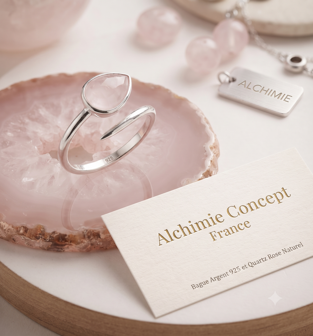 ✨ Bague Argent 925 Serpent Argenté | Quartz Rose Naturel | Taille Réglable | Poinçon Certifié