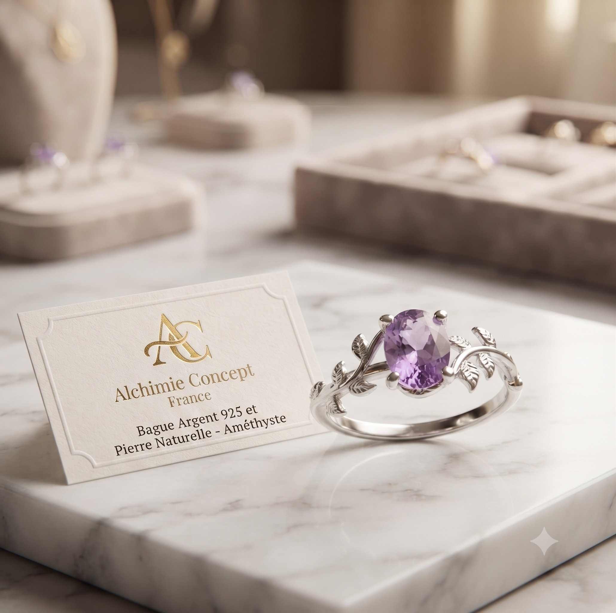 ✨ Bague Argent 925 Poinçon | 'Murmure de Laurier' – Améthyste Naturelle – Taille Réglable