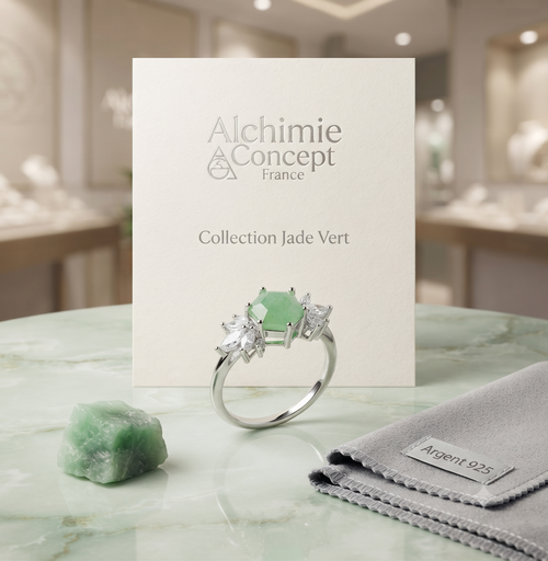 * Bague Argent 925 'Flocon d'Argent' ✦ Jade Vert Naturel ✦ Taille Réglable – Poinçon 925