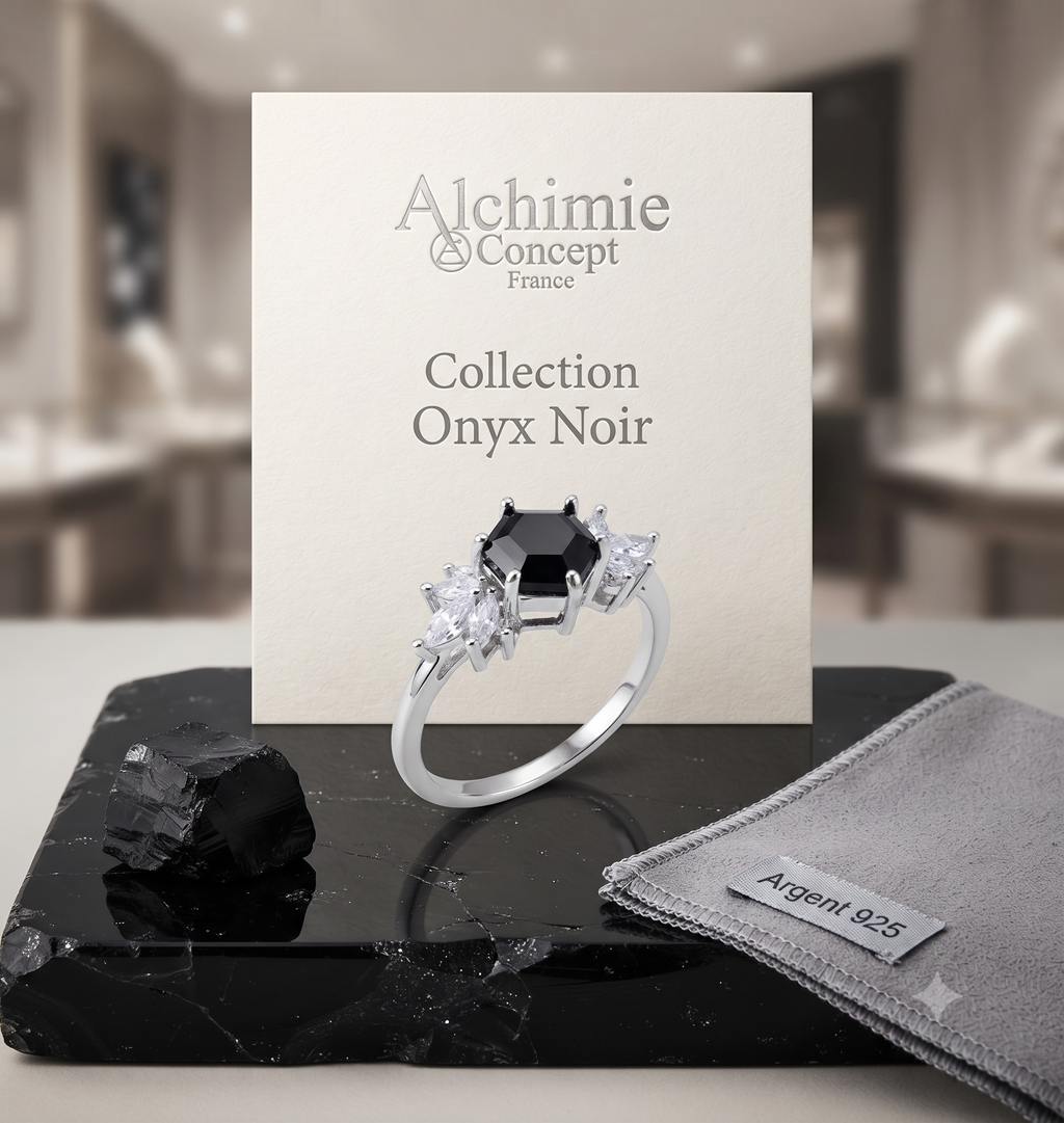 ✨ Bague Argent 925 Poinçon | 'Flocon d'Argent' – Onyx Noir, Pierre de Force – Réglable