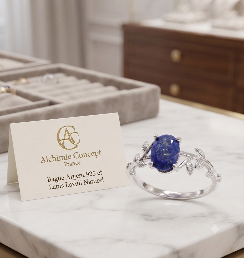 ✨ Bague Laurier & Lapis Lazuli – Argent 925 Poinçon | Pierre Royale de Sagesse & Vérité