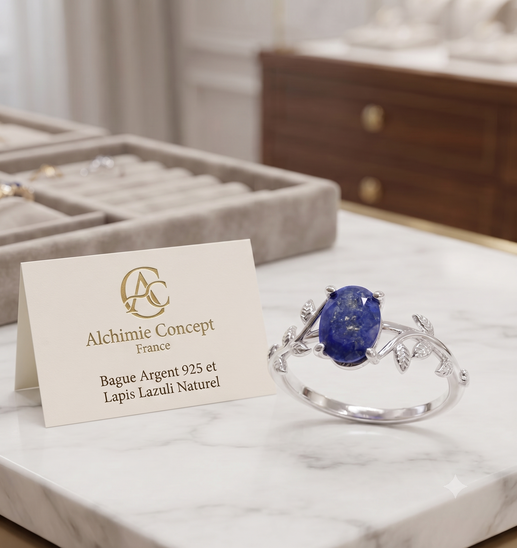✨ Bague Laurier & Lapis Lazuli – Argent 925 Poinçon | Pierre Royale de Sagesse & Vérité