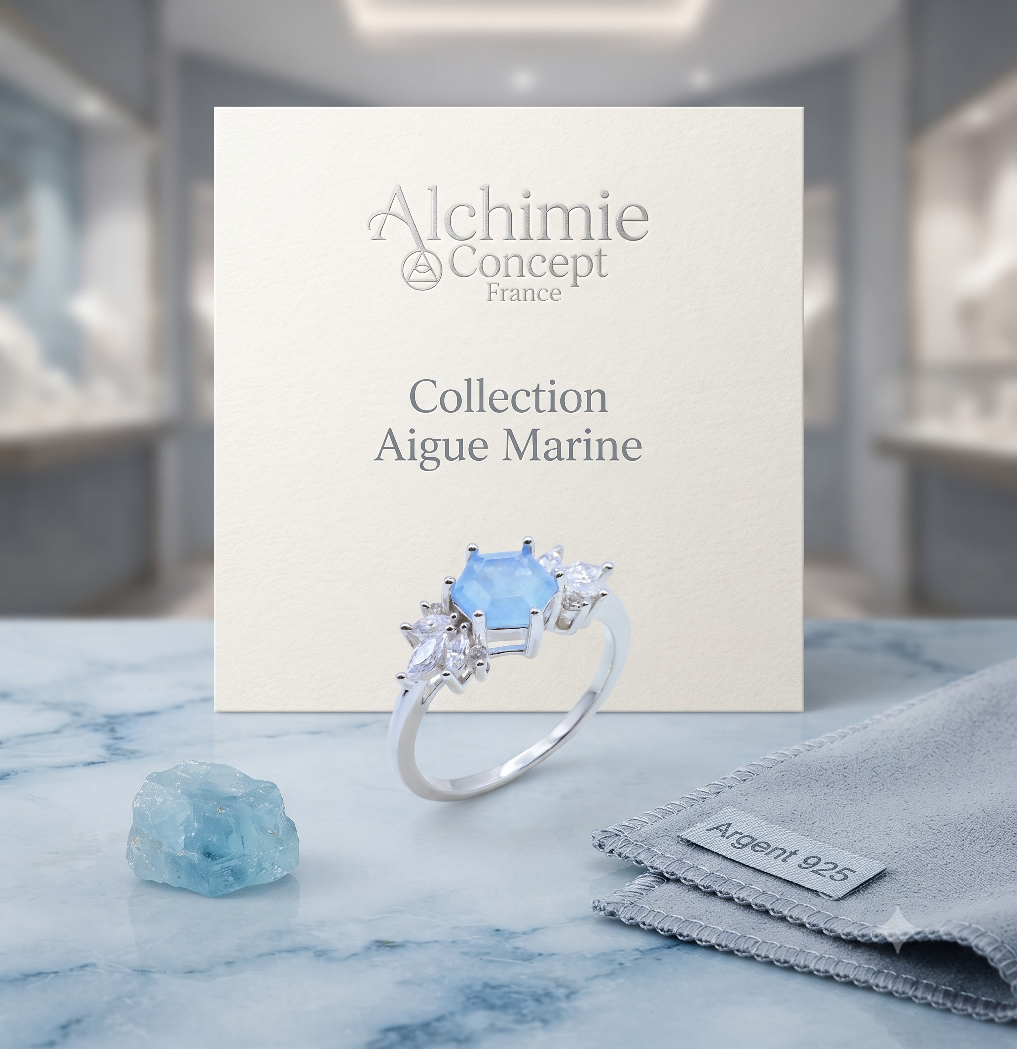 ✨ Bague Argent 925 'Flocon d'Argent' - Aigue Marine - Taille Réglable