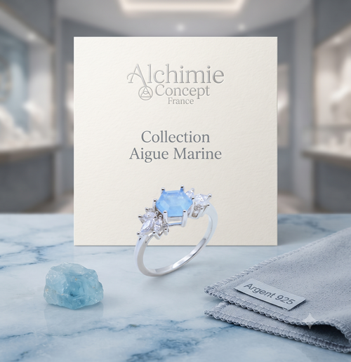 * Bague Argent 925 'Flocon d'Argent' - Aigue Marine - Taille Réglable