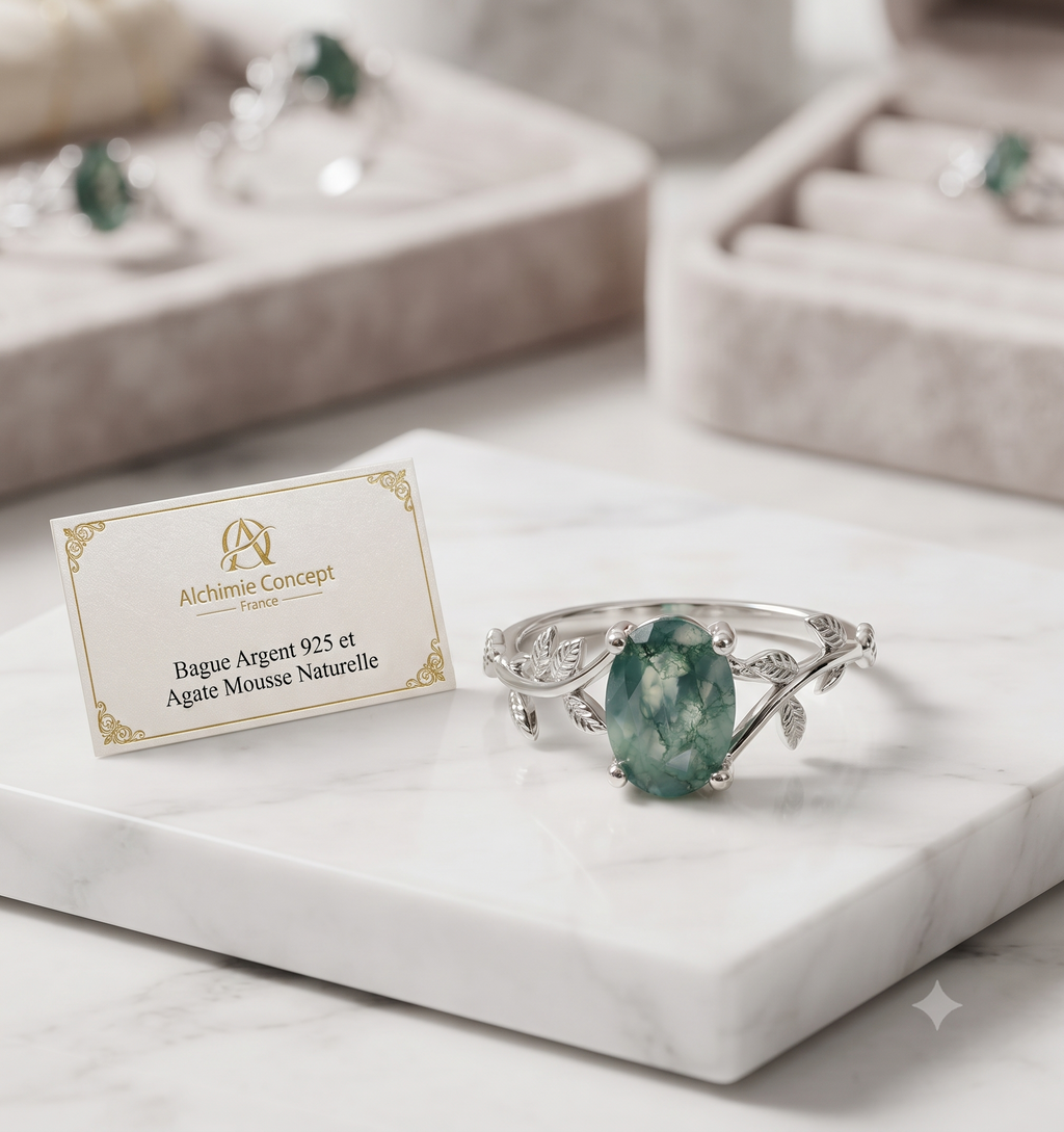 ✨ Bague Argent 925 Poinçon | 'Murmure de Laurier' – Agate Mousse Naturelle – Taille Réglable