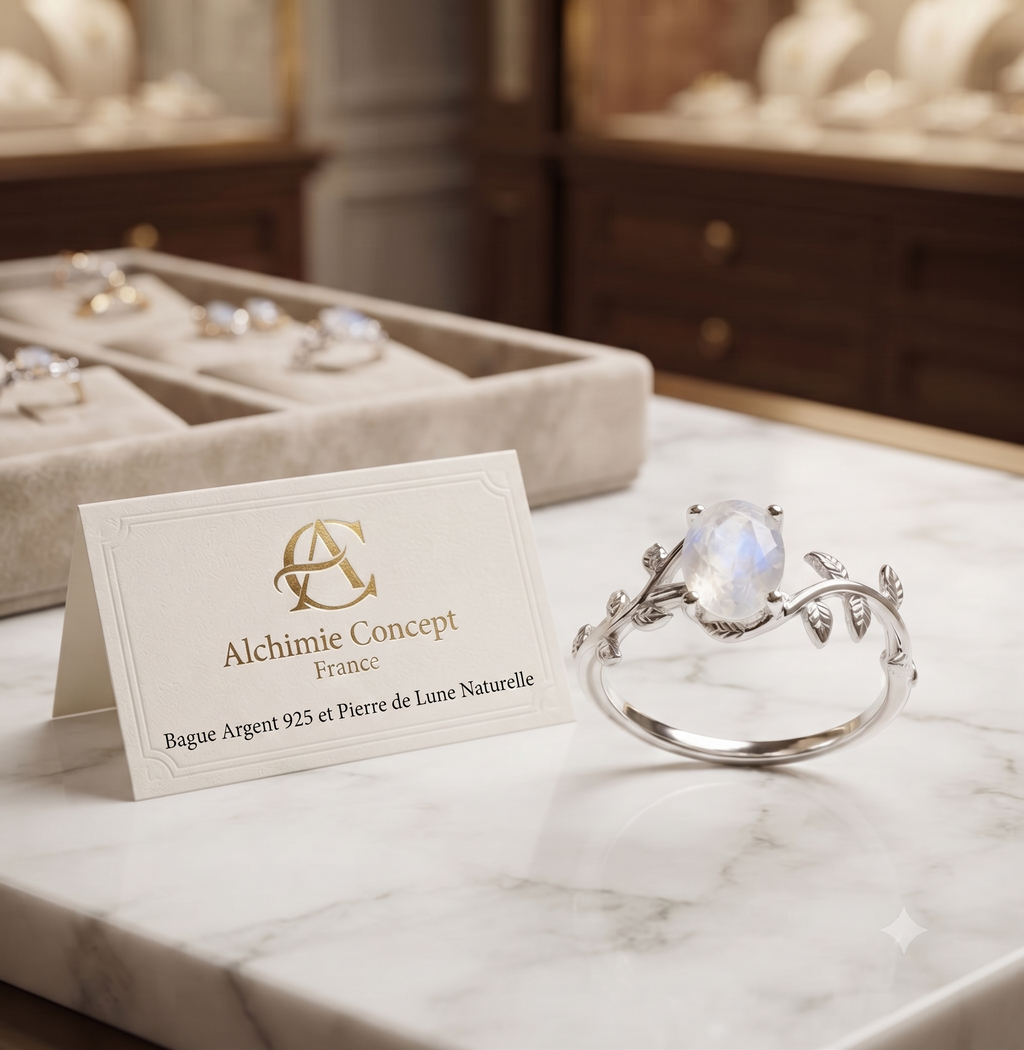 ✨ Bague Laurier & Pierre de Lune – Argent 925 Poinçon | Talisman de Féminité & Intuition