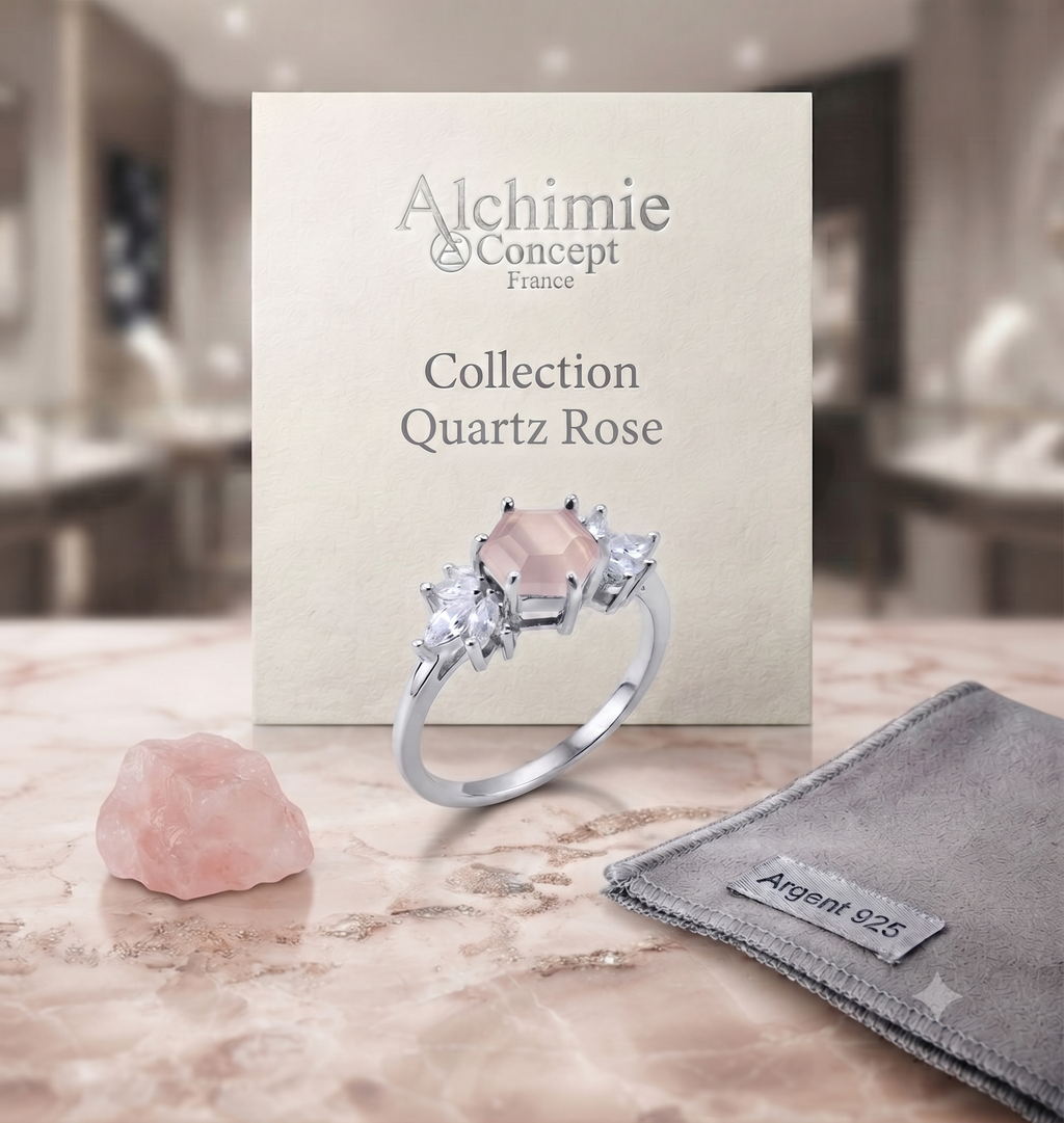✨ Bague Argent 925 Poinçon | 'Flocon d'Argent' – Quartz Rose Naturel – Taille Réglable