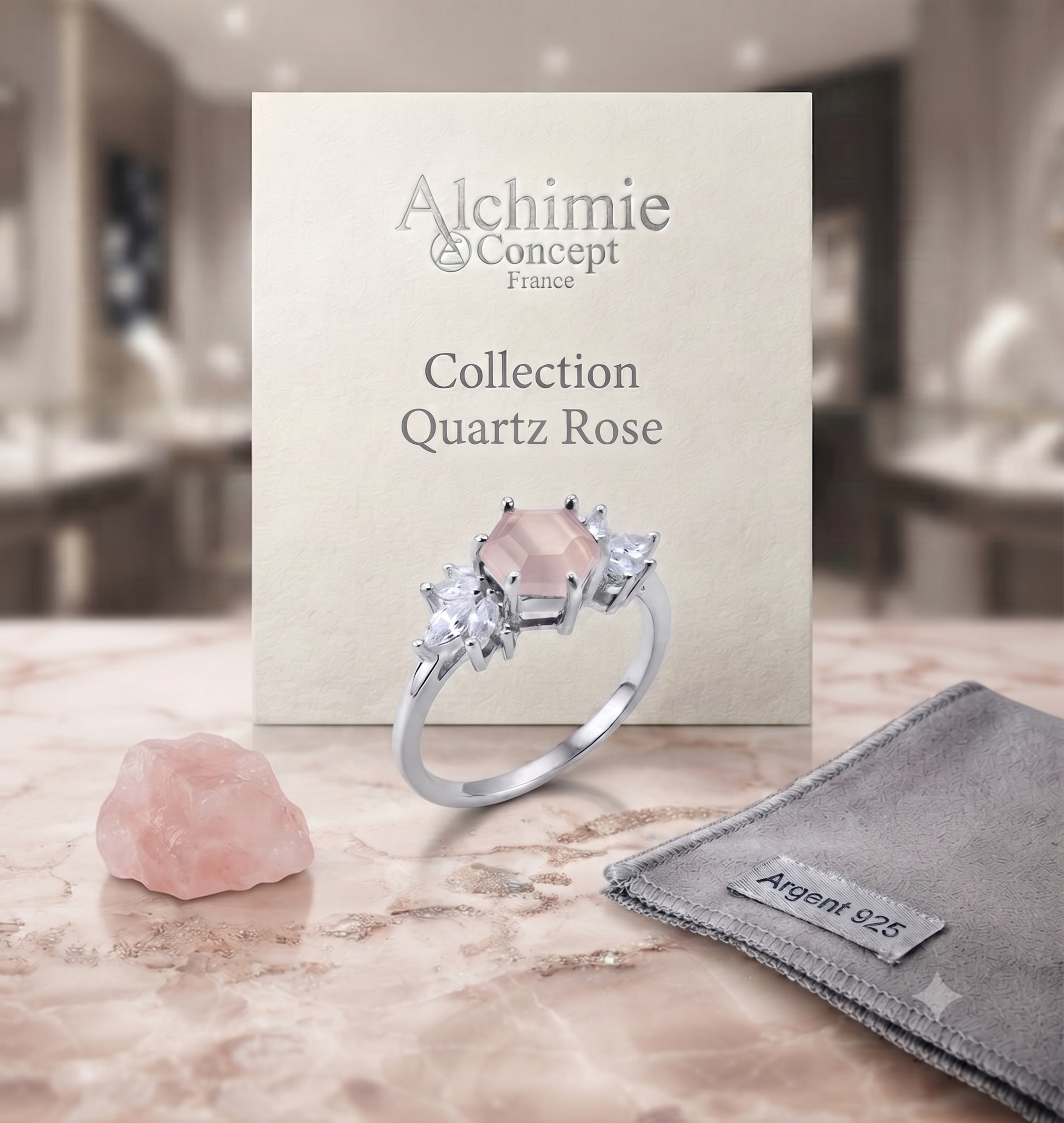 ✨ Bague Argent 925 Poinçon | 'Flocon d'Argent' – Quartz Rose Naturel – Taille Réglable