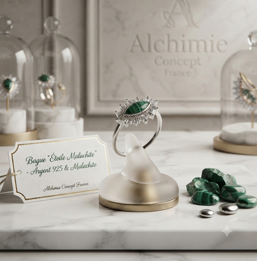 * Bague Argent 925 'Œil Solaire' – Malachite Naturelle – Taille Réglable | Poinçon Certifié Garanti