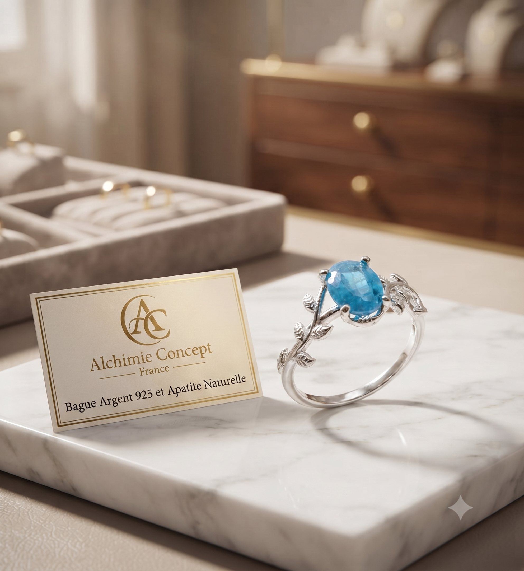 ✨ Bague 'Murmure de Laurier' – Apatite Bleu Abyssal | Argent 925 Certifié Poinçon | Réglable