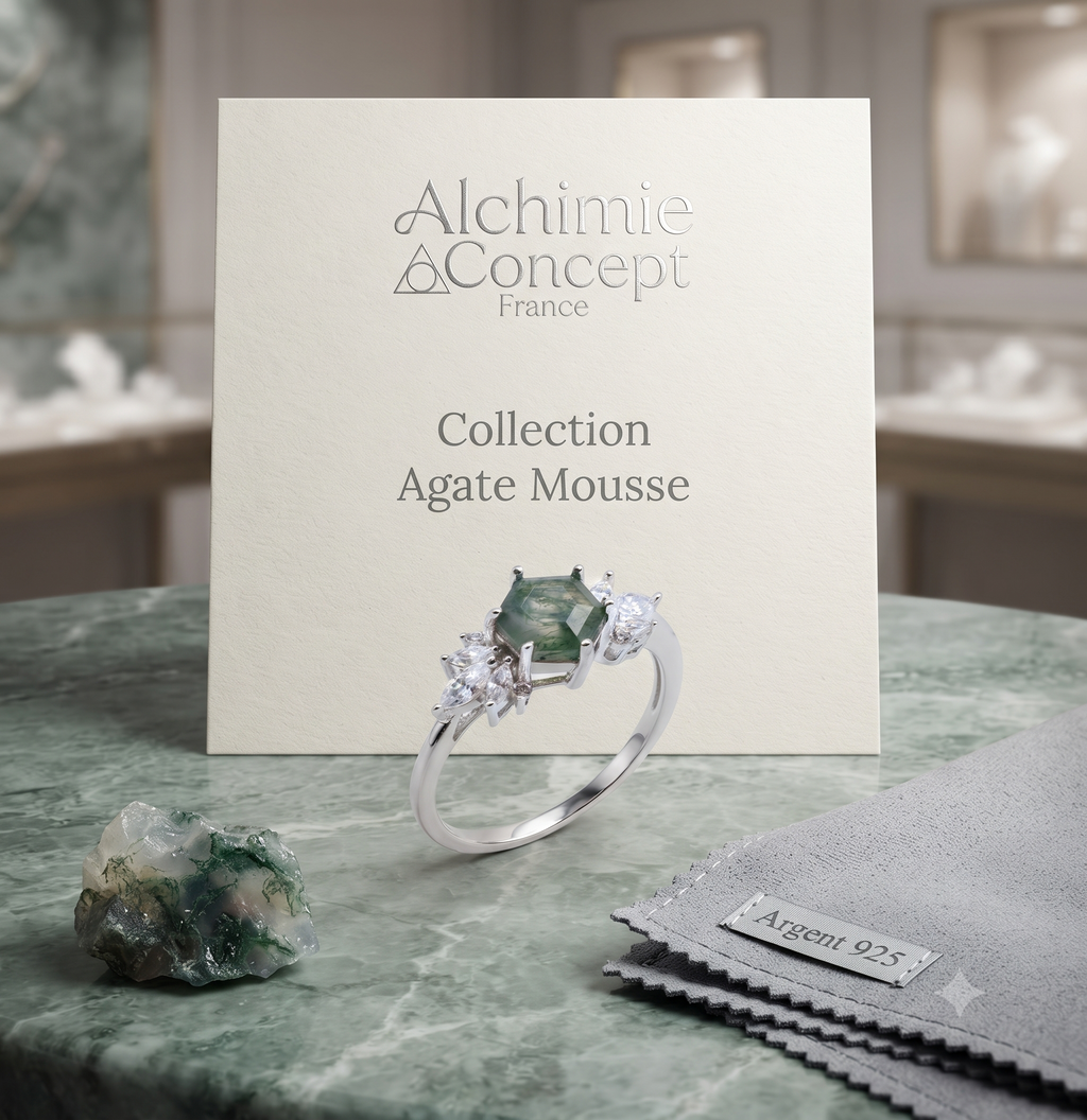 ✨ Bague Argent 925 Agate Mousse ‘Flocon d’Argent’ – Pièce Unique | Poinçon Garanti