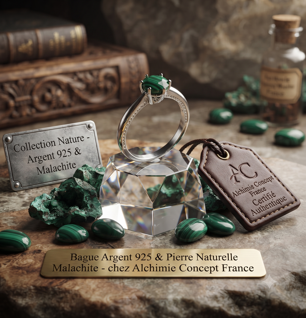 ✨ Bague Argent 925 Poinçon | 'Rond Sublime' – Malachite Naturelle – Taille Réglable