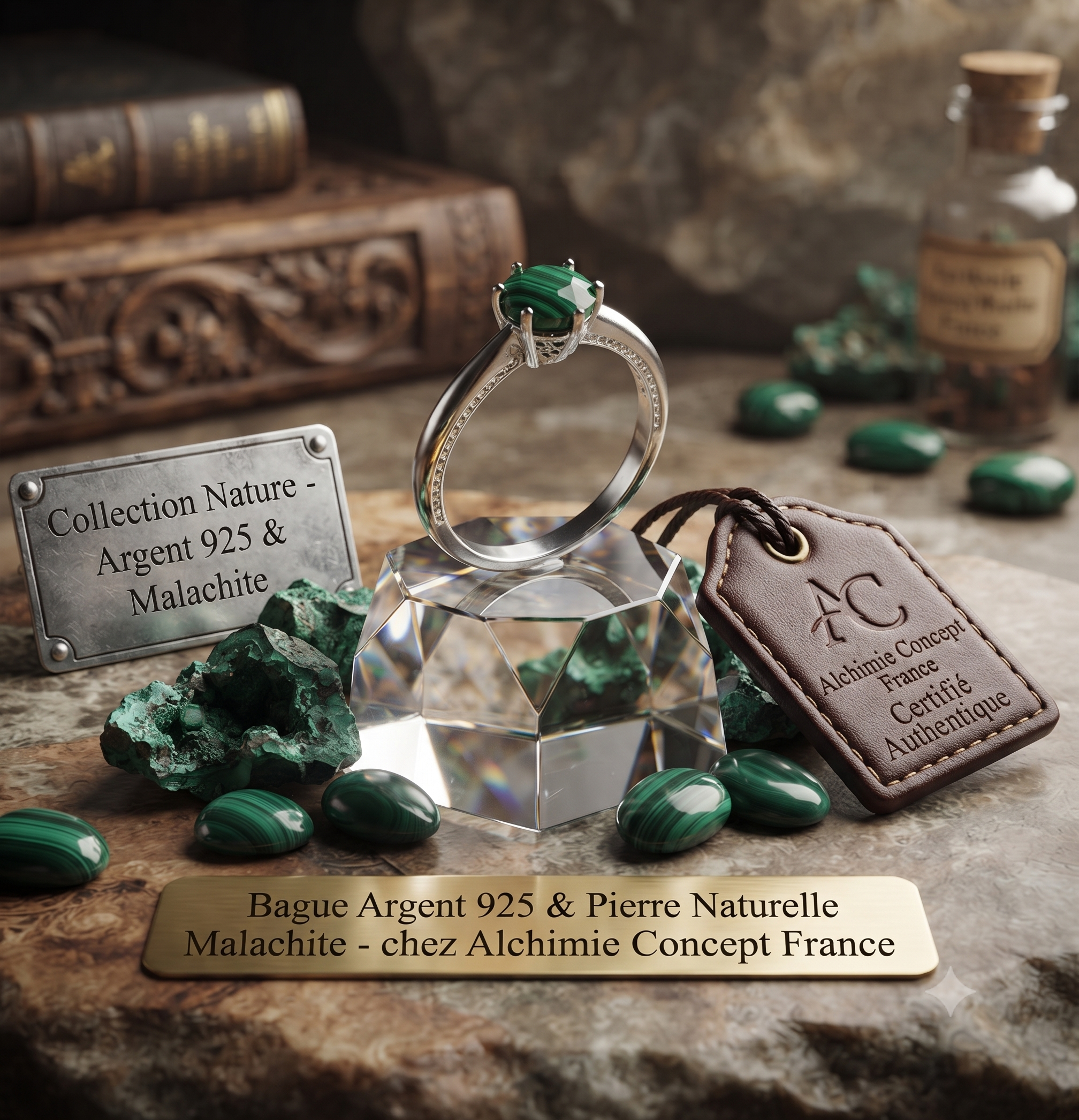 ✨ Bague Argent 925 Poinçon | 'Rond Sublime' – Malachite Naturelle – Taille Réglable