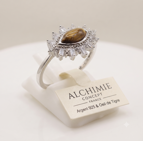 * Bague Argent 925 'Œil Solaire' – Œil de Tigre Naturel – Taille Réglable | Talisman Courage