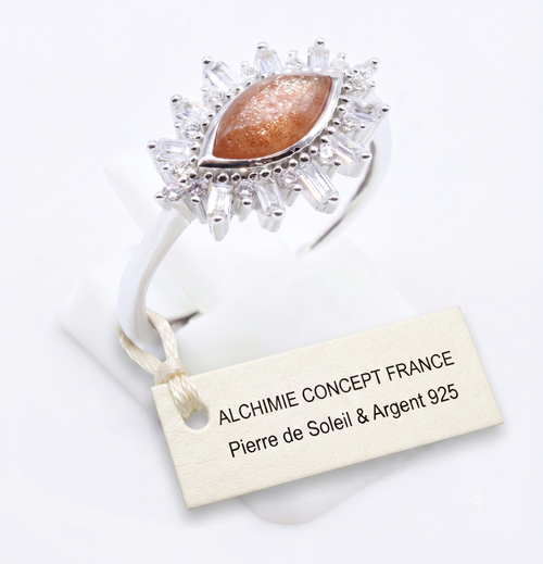 * Bague Argent 925 'Œil Solaire' Pierre de Soleil – Taille Réglable | Éclat & Vitalité