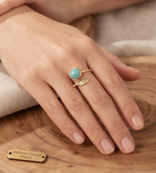 * Bague Argent 925 'Feuille d'Or' – Amazonite Naturelle – Poinçon Certifié | Sérénité & Équilibre