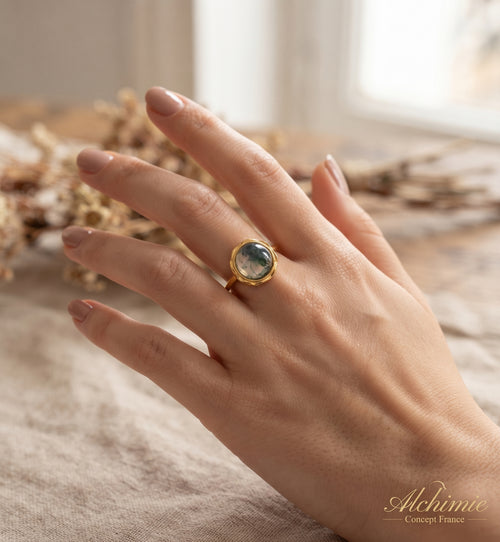 * Bague Argent 925 Agate Mousse Ronde | Plaquée Or | Poinçon Certifié