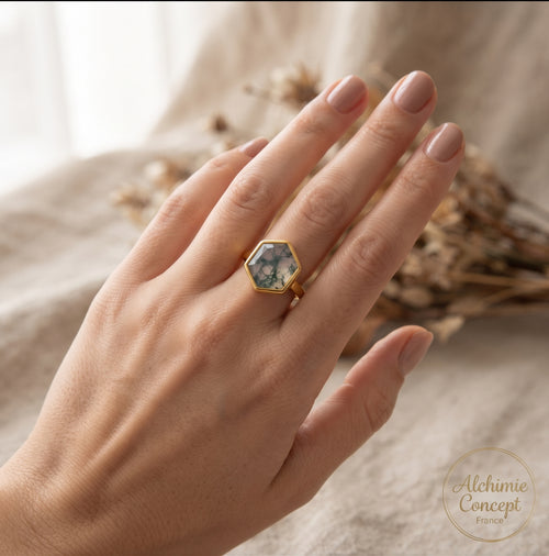 * Bague Argent 925 Agate Mousse Hexagonale | Plaquée Or | Pierre Verte Certifiée Poinçon