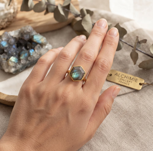 * Bague Argent 925 Labradorite Hexagonale Plaquée Or – Poinçon Certifié | Aurore Boréale & Magie Iridescente
