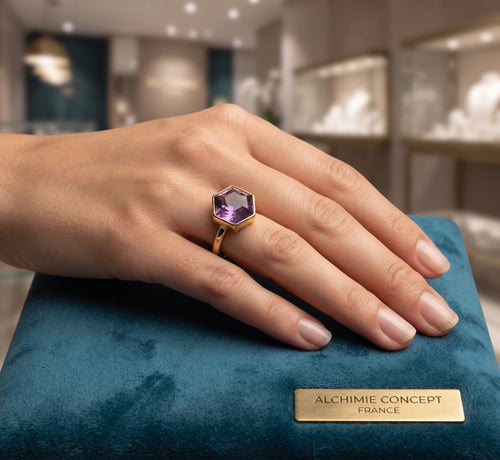 * Bague Argent 925 Améthyste Hexagonale Plaquée Or – Poinçon Certifié | Pierre de Sagesse & Protection