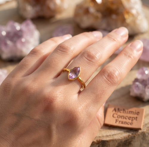 * Bague Argent 925 Améthyste Marquise ✦ Plaquée Or | Poinçon Certifié