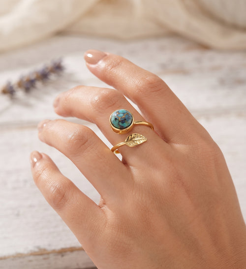* Bague Argent 925 'Feuille d'Or' Turquoise | Plaquée Or | Pierre Naturelle Certifiée Poinçon