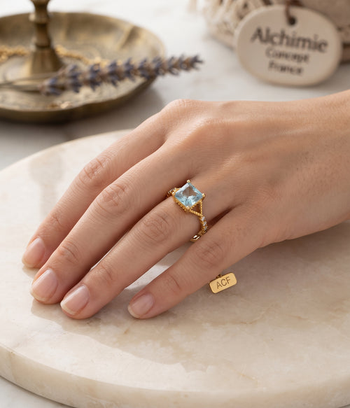 * Bague Argent 925 Aigue-Marine Carrée ✦ Plaquée Or | Poinçon Certifié