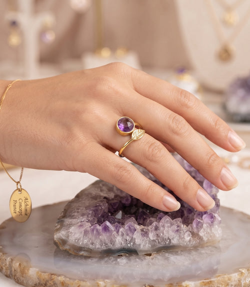 * Bague Argent 925 'Feuille d'Or' – Améthyste Naturelle – Poinçon Certifié | Sagesse & Mysticisme