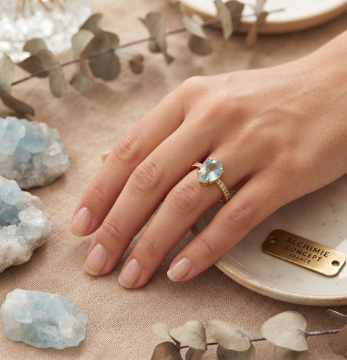 * Bague Argent 925 Aigue-Marine Goutte Plaquée Or – Poinçon Certifié | Pierre de Sérénité & Clarté