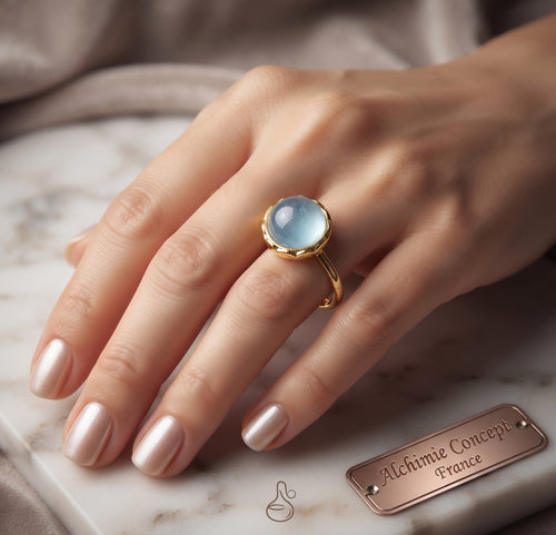 * Bague Argent 925 Aigue-Marine Ronde ✦ Plaquée Or | Poinçon Certifié