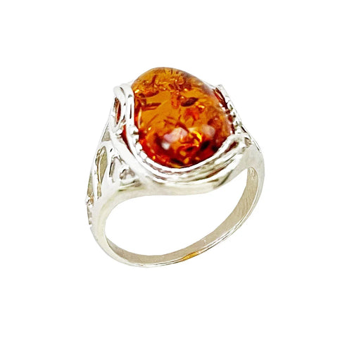 Bague Ambre "Capucine" en Argent 925 | Cabochon Ovale – Résine Fossilisée aux Vertus Apaisantes