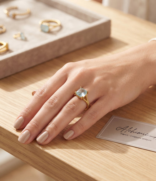 * Bague Argent 925 Aigue-Marine Rectangle ✦ Plaquée Or | Poinçon Certifié