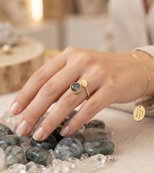 * Bague Argent 925 'Feuille d'Or' – Agate Mousse Naturelle – Poinçon Certifié | Nature & Renouveau