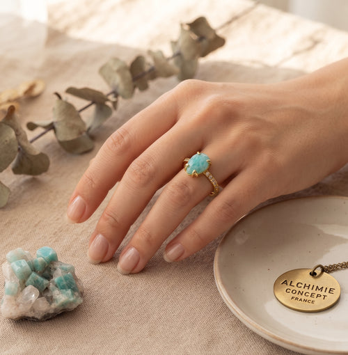 * Bague Argent 925 Amazonite Goutte Plaquée Or – Poinçon Certifié | Pierre de Courage & Équilibre
