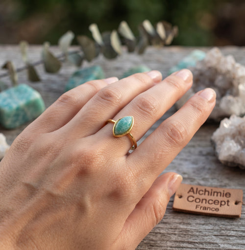 * Bague Argent 925 Amazonite Marquise ✦ Plaquée Or | Poinçon Certifié