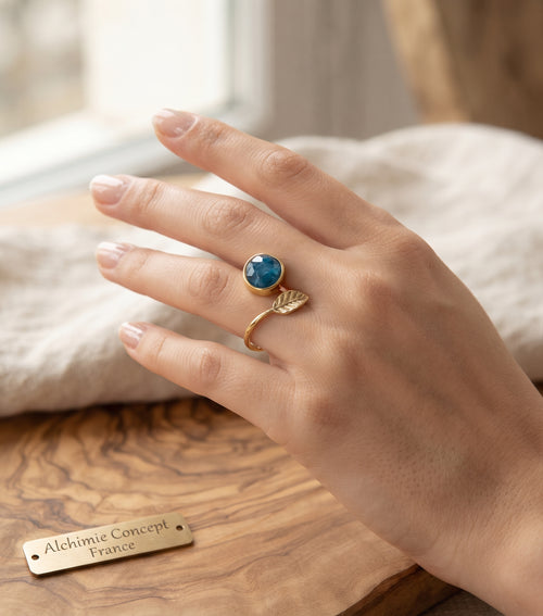 * Bague Argent 925 'Feuille d'Or' – Apatite Naturelle – Poinçon Certifié | Éclat Bleu Tropical