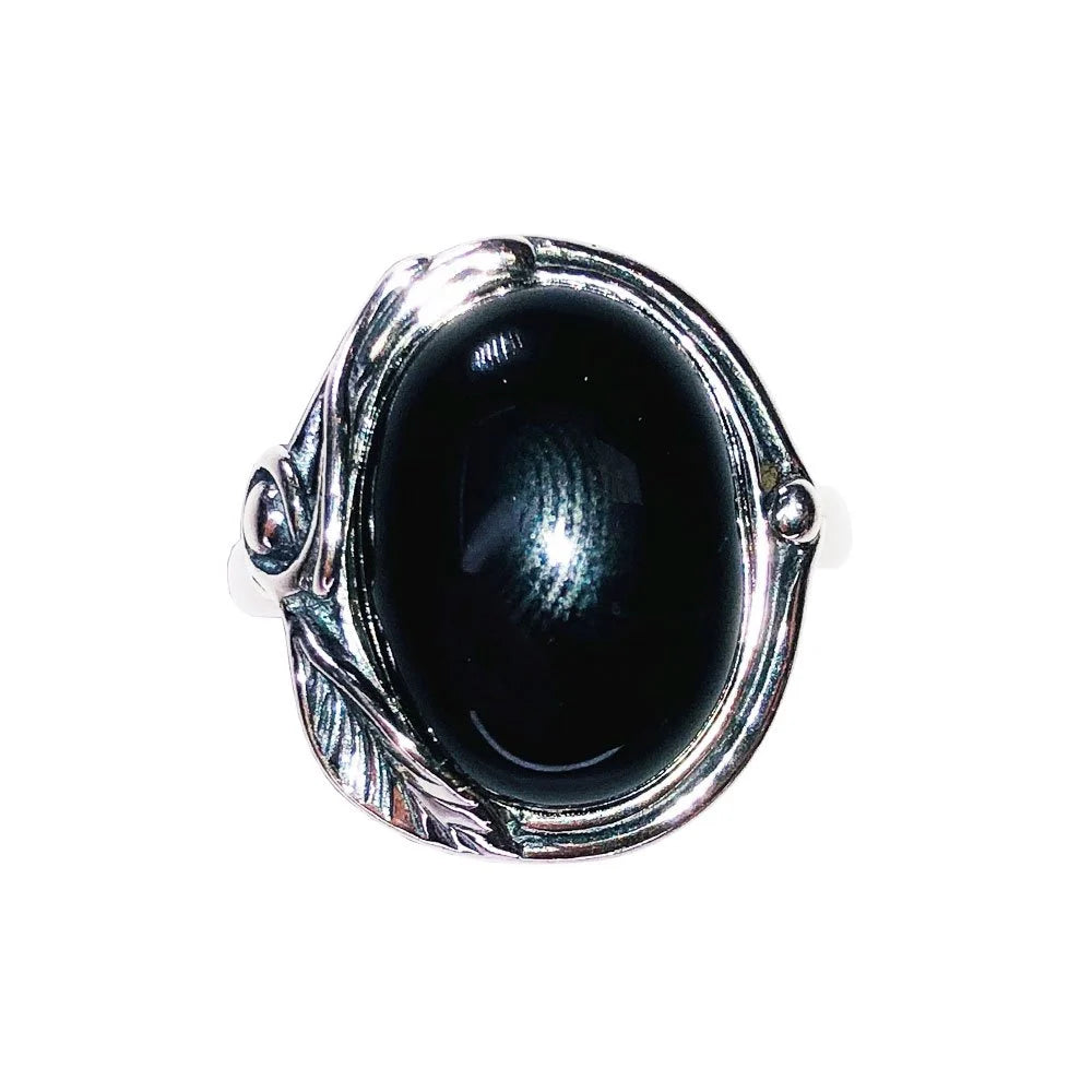 Bague Onyx Noir "Justine" – Argent 925 | Cabochon Ovale Réajustable Cupidon & Vénus