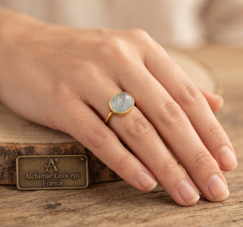 * Bague Argent 925 Aigue-Marine Plaquée Or | Poinçon Certifié | Pierre Naturelle