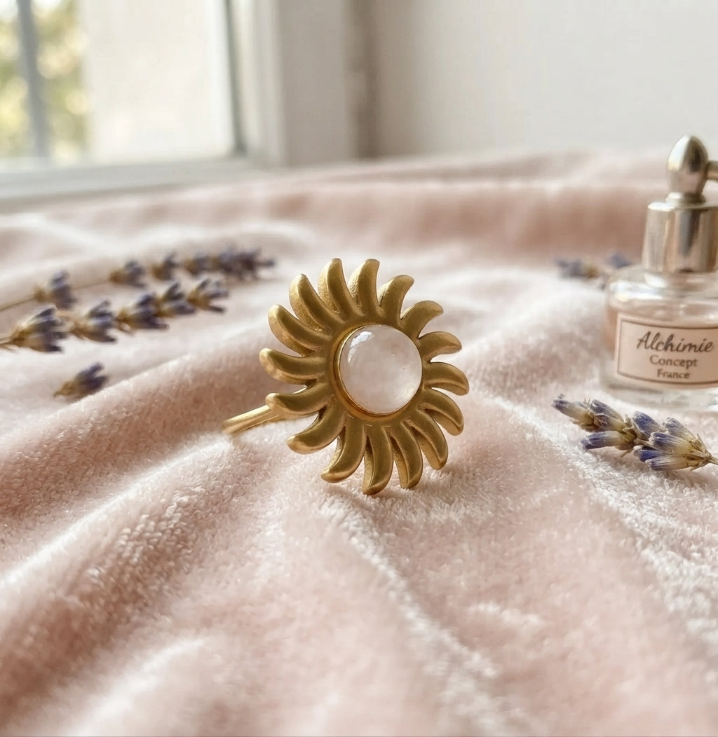 Bague Soleil Quartz Rose – Acier Inoxydable Ajustable | Pierre Naturelle