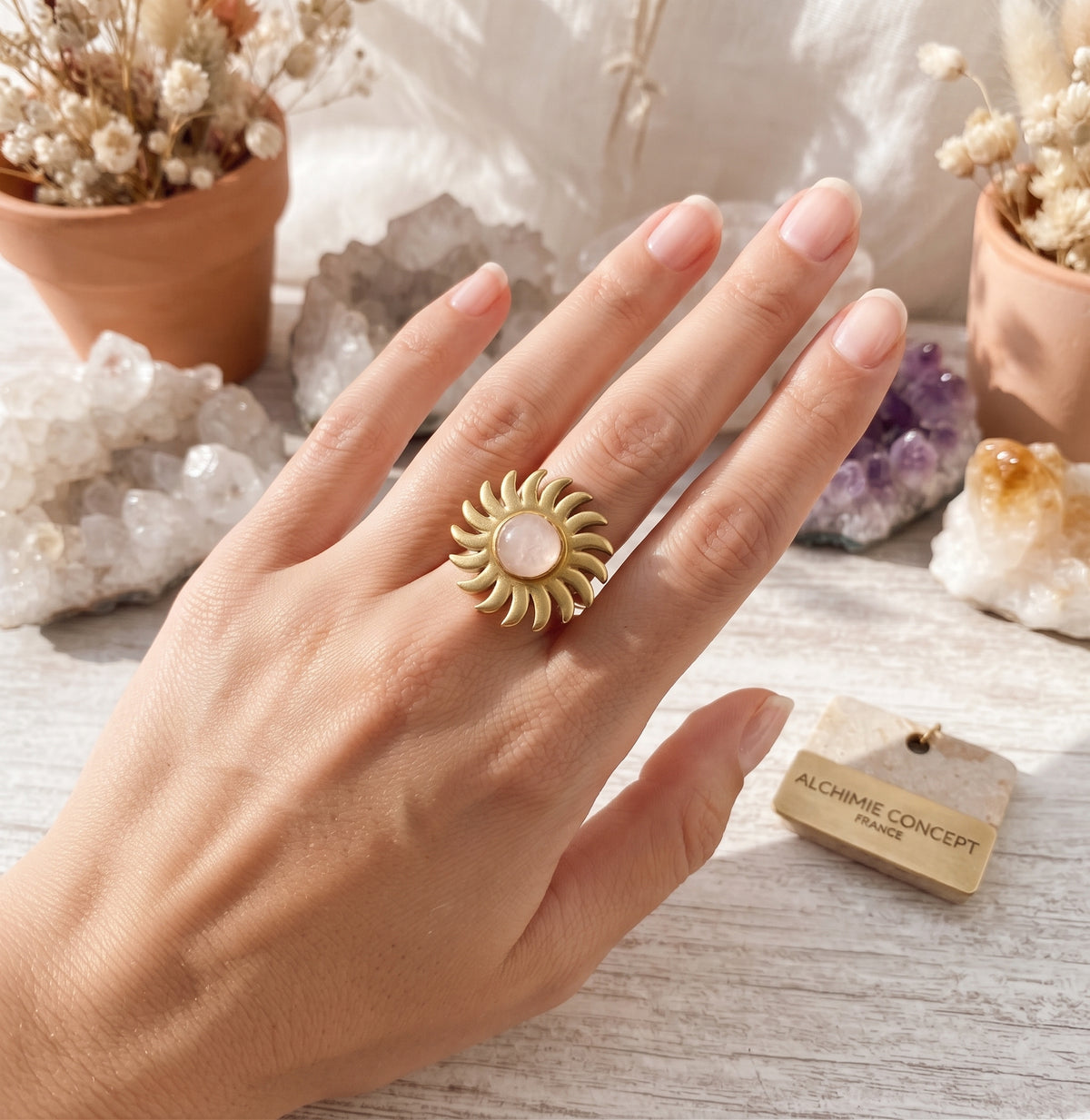 Bague Soleil Quartz Rose – Acier Inoxydable Ajustable | Pierre Naturelle