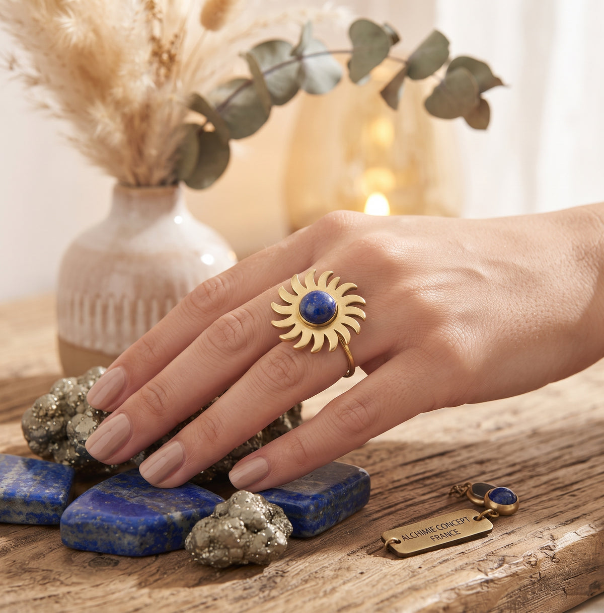 Bague Soleil Lapis Lazuli – Acier Inoxydable Ajustable | Pierre Naturelle