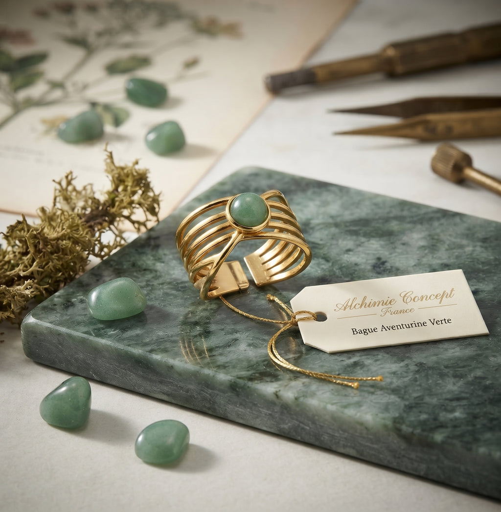 Bague Pince Dorée Aventurine Verte – Acier Inoxydable Ajustable | Pierre Naturelle